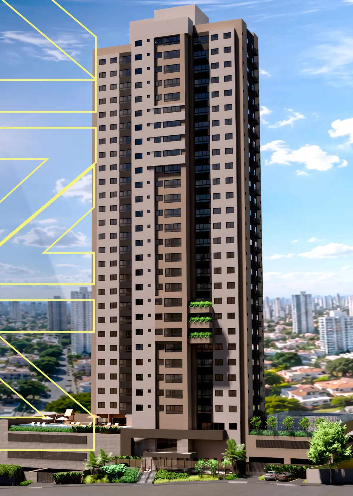 Perspectiva ilustrada da fachada da torre do VIA67 com a cidade ao fundo